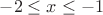 $-2 \leq x\leq -1$