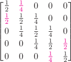 $\begin{bmatrix}\frac 1 2&{\color{magenta}\frac 1 4}&0&0&0\\[0.5ex]{\color{magenta}\frac 1 2}&\frac 1 2&\frac 1 4&0&0\\[0.5ex]0&\frac 1 4&\frac 1 2&\frac 1 4&0\\[0.5ex]0&0&\frac 1 4&\frac 1 2&{\color{magenta}\frac 1 2}\\[0.5ex]0&0&0&{\color{magenta}\frac 1 4}&\frac 1 2\end{bmatrix}$