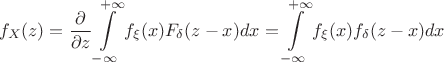 $$f_X(z)=\frac{\partial}{\partial z}\int\limits _{-\infty}^{+\infty}f_\xi (x)F_\delta (z-x)dx=\int\limits _{-\infty}^{+\infty}f_\xi (x)f_\delta (z-x)dx$$