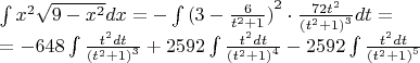 $\[\begin{array}{l}
\int {{x^2}\sqrt {9 - {x^2}} dx}  =  - \int {{{(3 - \frac{6}{{{t^2} + 1}})}^2} \cdot \frac{{72{t^2}}}{{{{({t^2} + 1)}^3}}}dt}  = \\
 =  - 648\int {\frac{{{t^2}dt}}{{{{({t^2} + 1)}^3}}}}  + 2592\int {\frac{{{t^2}dt}}{{{{({t^2} + 1)}^4}}}}  - 2592\int {\frac{{{t^2}dt}}{{{{({t^2} + 1)}^5}}}} 
\end{array}\]$