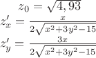 $z_0=\sqrt{4,93}\\
z'_x=\frac{x}{2 \sqrt{x^2+3y^2-15}}\\
z'_y=\frac{3x}{2 \sqrt{x^2+3y^2-15}}\\ $
