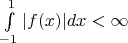 $\int \limits_{-1}^{1} |f(x)| dx < \infty$