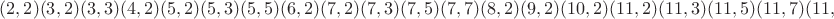 $(2,2) (3,2) (3,3) (4,2) (5,2) (5,3) (5,5) (6,2) (7,2) (7,3) (7,5) (7,7) (8,2) (9,2) (10,2) (11,2) (11,3) (11,5) (11,7) (11,11)$
