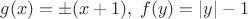 $g(x)=\pm(x+1),\; f(y)=|y|-1$