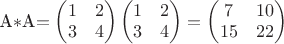 $$ $A$ * $А$ = \begin{pmatrix}
1 & 2 \\
3 & 4
\end{pmatrix}
\begin{pmatrix}
1 & 2 \\
3 & 4 
\end{pmatrix} = 
\begin{pmatrix}
7 & 10 \\
15 & 22
\end{pmatrix}
$$