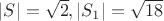 $|S|=\sqrt{2}, |S_1| = \sqrt{18}$
