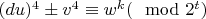 $(du)^4\pm v^4\equiv w^k(\mod 2^t)$