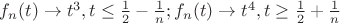 $f_n(t)\to t^3, t\leq \frac 12 -\frac 1n; f_n(t)\to t^4, t\geq \frac 12+\frac 1n$