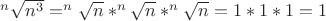 $\limits^{n}\sqrt{n^3}=\limits^{n}\sqrt{n} * \limits^{n}\sqrt{n} * \limits^{n}\sqrt{n}=1*1*1=1$