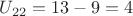 $U_{22}=13-9=4$