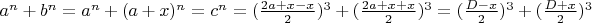 $a^n+b^n=a^n+(a+x)^n=c^n=(\frac{2a+x-x}{2})^3 +(\frac{2a+x+x}{2})^3=(\frac{D-x}{2})^3 +(\frac{D+x}{2})^3$