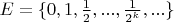 $E=\{0,1,\frac{1}{2},...,\frac{1}{2^k},...\}$