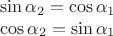 $$\begin{array}{c}\sin\alpha_2=\cos\alpha_1\\\cos\alpha_2=\sin\alpha_1\end{array}$$