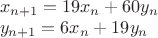 $\\x_{n+1}=19x_n+60y_n\\
y_{n+1}=6x_n+19y_n$