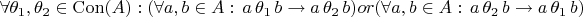 \forall \theta_1, \theta_2 \in \mathrm{Con}(A) : (\forall a, b \in A : \, a \,\theta_1\, b \to a \,\theta_2 \, b) or (\forall a, b \in A : \, a \,\theta_2\, b \to a \,\theta_1 \, b)