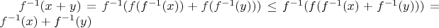 $f^{-1}(x+y)=f^{-1}(f(f^{-1}(x))+f(f^{-1}(y)))\le f^{-1}(f(f^{-1}(x)+f^{-1}(y)))=f^{-1}(x)+f^{-1}(y)$