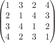$\begin{pmatrix} 1 & 3 & 2 & 4 \\ 2 & 1 & 4 & 3 \\ 3 & 4 & 1 & 2 \\ 4 & 2 & 3 & 1\end{pmatrix} \qquad$