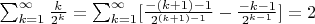 $\sum_{k=1}^{\infty}\frac{k}{2^k}=\sum_{k=1}^{\infty}[\frac{-(k+1)-1}{2^{(k+1)-1}}-\frac{-k-1}{2^{k-1}}]=2$
