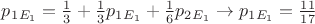 $p_1_{E_1}= \frac{1}{3} + \frac{1}{3}  p_1_{E_1} +  \frac{1}{6} p_2_{E_1} \to p_1_{E_1}= \frac{11}{17}$