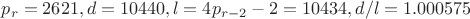 $p_r=2621, d=10440, l=4p_{r-2}-2=10434, d/l=1.000575$