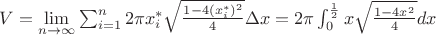 $V=\lim\limits_{n \to \infty} \sum_{i=1}^{n} 2\pi x_i^*\sqrt{\frac{1-4(x_i^*)^2}{4}} \Delta x=2\pi\int_0^{\frac{1}{2}} x\sqrt{\frac{1-4x^2}{4}}dx$