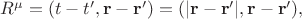 $R^\mu=(t-t',\mathbf{r}-\mathbf{r}')=(|\mathbf{r}-\mathbf{r}'|,\mathbf{r}-\mathbf{r}'),$