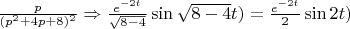 $\frac {p}{(p^2+4p+8)^2} \Rightarrow \frac {e^{-2t}}{\sqrt{8-4}}\sin \sqrt{8-4}t ) =\frac {e^{-2t}}{2}\sin 2t )  $