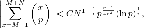 $$\left\lvert\sum_{x=M+1}^{M+N}\left(\frac{x}{p}\right)\right\rvert<CN^{1-\frac{1}{r}}p^{\frac{r+1}{4r^2}}(\ln p)^{\frac{1}{r}},$$