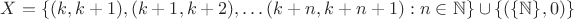 $X=\{(k,k+1),(k+1,k+2),&hellip;(k+n,k+n+1): n \in \mathbb N\} \cup \{(\{\mathbb N\},0)\}$