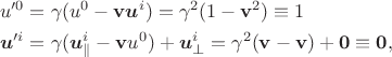 $$\begin{align}u'^0&=\gamma(u^0-\mathbf{v}\boldsymbol{u}^i)=\gamma^2(1-\mathbf{v}^2)\equiv 1\\\boldsymbol{u}'^i&=\gamma(\boldsymbol{u}^i_{\parallel}-\mathbf{v}u^0)+\boldsymbol{u}^i_{\perp}=\gamma^2(\mathbf{v}-\mathbf{v})+\mathbf{0}\equiv\mathbf{0},\end{align}$$