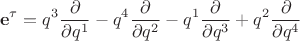 $$
{\bf e}^{\tau} = q^3 \frac{\partial}{\partial q^1}
-q^4 \frac{\partial}{\partial q^2}
-q^1 \frac{\partial}{\partial q^3}
+q^2 \frac{\partial}{\partial q^4}
$$