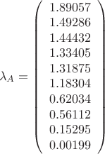 $\left \lambda _A  = \left (  \begin{array} {1} {1.89057}& {1.49286}& {1.44432}& {1.33405}& {1.31875}& {1.18304}& {0.62034}& {0.56112}& {0.15295}& {0.00199}\end{array} \right ) $