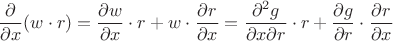 $$\frac{\partial}{\partial x}(w\cdot r)=\frac{\partial w}{\partial x}\cdot r+w\cdot\frac{\partial r}{\partial x}=\frac{\partial^{2}g}{\partial x\partial r}\cdot r+\frac{\partial g}{\partial r}\cdot\frac{\partial r}{\partial x}$$