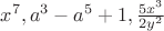 $x^7,a^3-a^5+1,\frac{5x^3}{2y^2}$