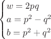 $$\begin{cases} w=2pq \\ a=p^2-q^2 \\ b = p^2 + q^2 \end{cases}$$