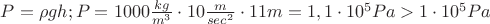 $P = \rho gh; P=1000\frac{kg}{m^3}\cdot 10\frac{m}{sec^2}\cdot 11m=1,1\cdot 10^5Pa> 1\cdot 10^5 Pa