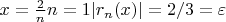 $x=\frac{2}{n}  n=1 |r_n(x)|=2/3=\varepsilon $