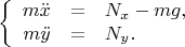 $$\left\{
\begin{array}{rcl}
 m\ddot{x}&=&N_{x}-mg,\\
 m\ddot{y}&=&N_{y}. \\
\end{array}
\right.$$