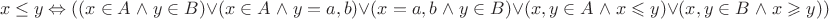 $$x\leq y\Leftrightarrow ((x\in A\;\wedge\; y\in B)\vee (x\in A\;\wedge\; y=a,b)\vee (x=a,b\;\wedge\; y\in B)\vee (x,y\in A\;\wedge\; x\leqslant y)\vee (x,y\in B\;\wedge\; x\geqslant y))$$