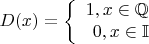 $$D(x) = \left\{
\begin{array}{rcl}
 1, x \in \mathbb Q\\
0,  x \in \mathbb I \\
\end{array}
\right.$$