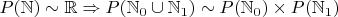 $P(\mathbb{N}) \sim \mathbb{R} \Rightarrow P(\mathbb{N}_0 \cup \mathbb{N}_1) \sim P(\mathbb{N}_0) \times P(\mathbb{N}_1)$