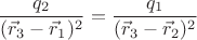 $$\frac{q_2}{(\vec{r}_3-\vec{r}_1)^2}=\frac{q_1}{(\vec{r}_3-\vec{r}_2)^2}$$