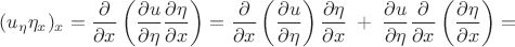 $$(u_{\eta}\eta_x)_x=\frac{\partial}{\partial x} \left( \frac{\partial u}{\partial \eta} \frac{\partial \eta}{\partial x} \right) =\frac{\partial}{\partial x}\left( \frac{\partial u}{\partial \eta} \right)\frac{\partial \eta}{\partial x}\;+\;\frac{\partial u}{\partial \eta} \frac{\partial}{\partial x} \left(\frac{\partial \eta}{\partial x} \right)=$$