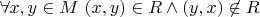 $ \forall x,y \in M \ (x,y ) \in R \wedge (y,x) \not \in R$