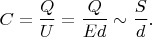 $$C=\frac{Q}{U}=\frac{Q}{Ed}\sim\frac{S}{d}.$$