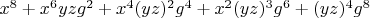 $x^8+x^6 y z g^2+x^4 (y z)^2 g^4+x^2 (y z)^3 g^6+(y z)^4 g^8$