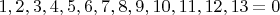 ${1,2,3,4,5,6,7,8,9,10,11,12,13=0}$