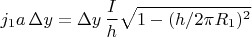 $$j_1 a\,\Delta y = \Delta y\,\frac{I}{h}\sqrt{1-(h/2\pi R_1)^2}$$