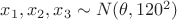 $x_1,x_2,x_3 \sim N(\theta,120^2)$