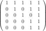 $$\left( \begin{array}{ccccc}
1&1&1&1&1\\
0&1&0&1&1\\
0&0&1&0&1\\
0&0&0&1&1\\
0&0&0&1&1\\
\end{array} \right)$$